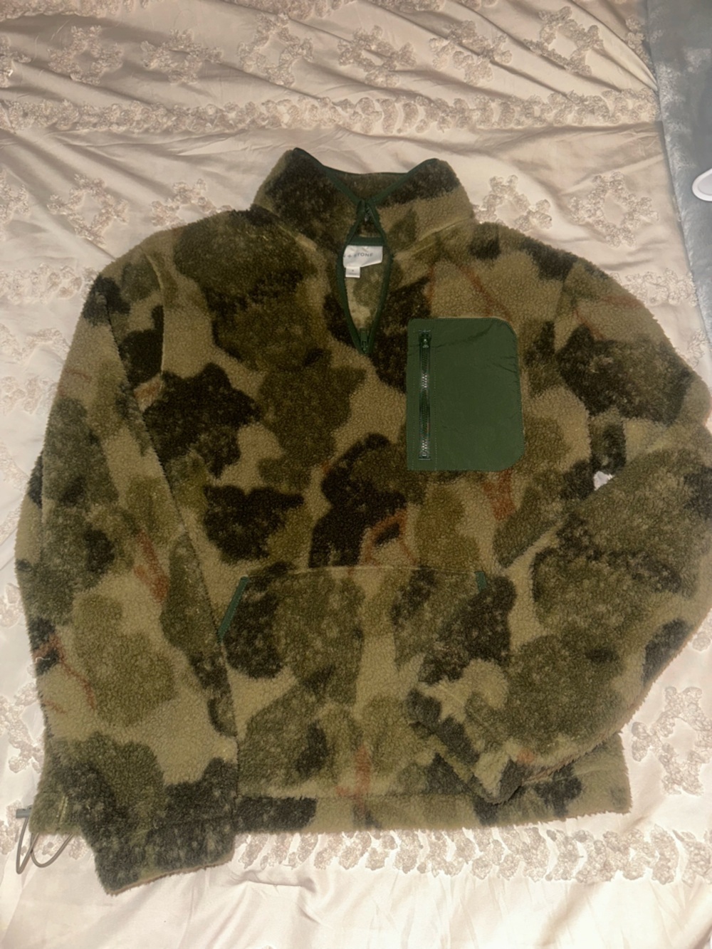 Sun + Stone Olive Camo Sherpa Pullover with Green Trim
